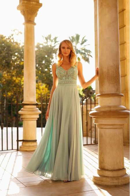 Traje de gala con cuerpo bordado en encaje, pedreria y espalda en pico