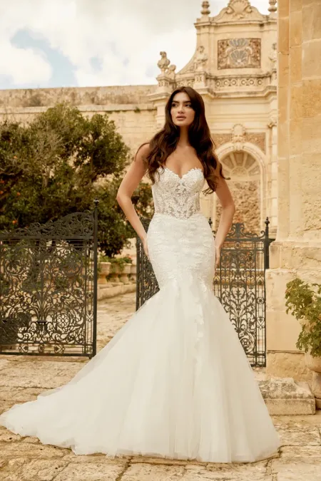 Traje de novia corte sirena trompeta con corpiño semitransparente y encaje con brillos