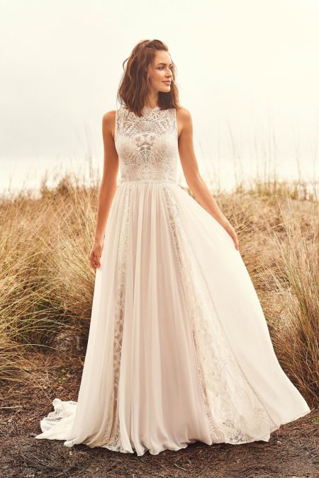 Traje de novia panelado de gasa y encaje, estilo boho