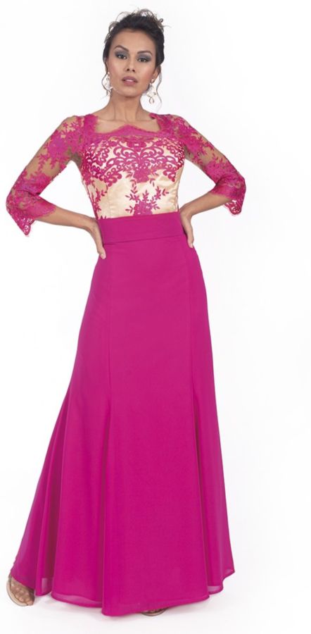 Vestido corte recto con mangas de encaje y falda de crepe